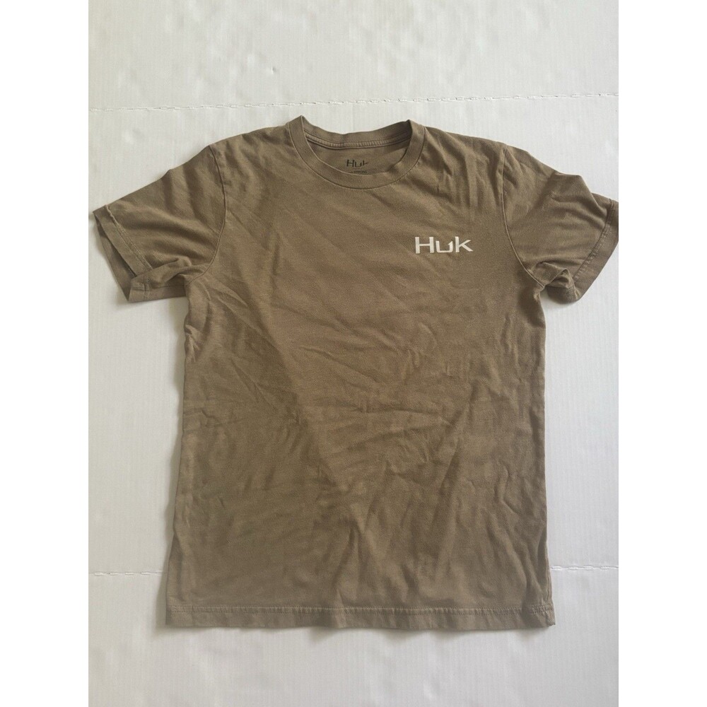 Huk USA Strong Men's M Brown Short Sleeve Crew Neck Graphic Logo Cotton Tee